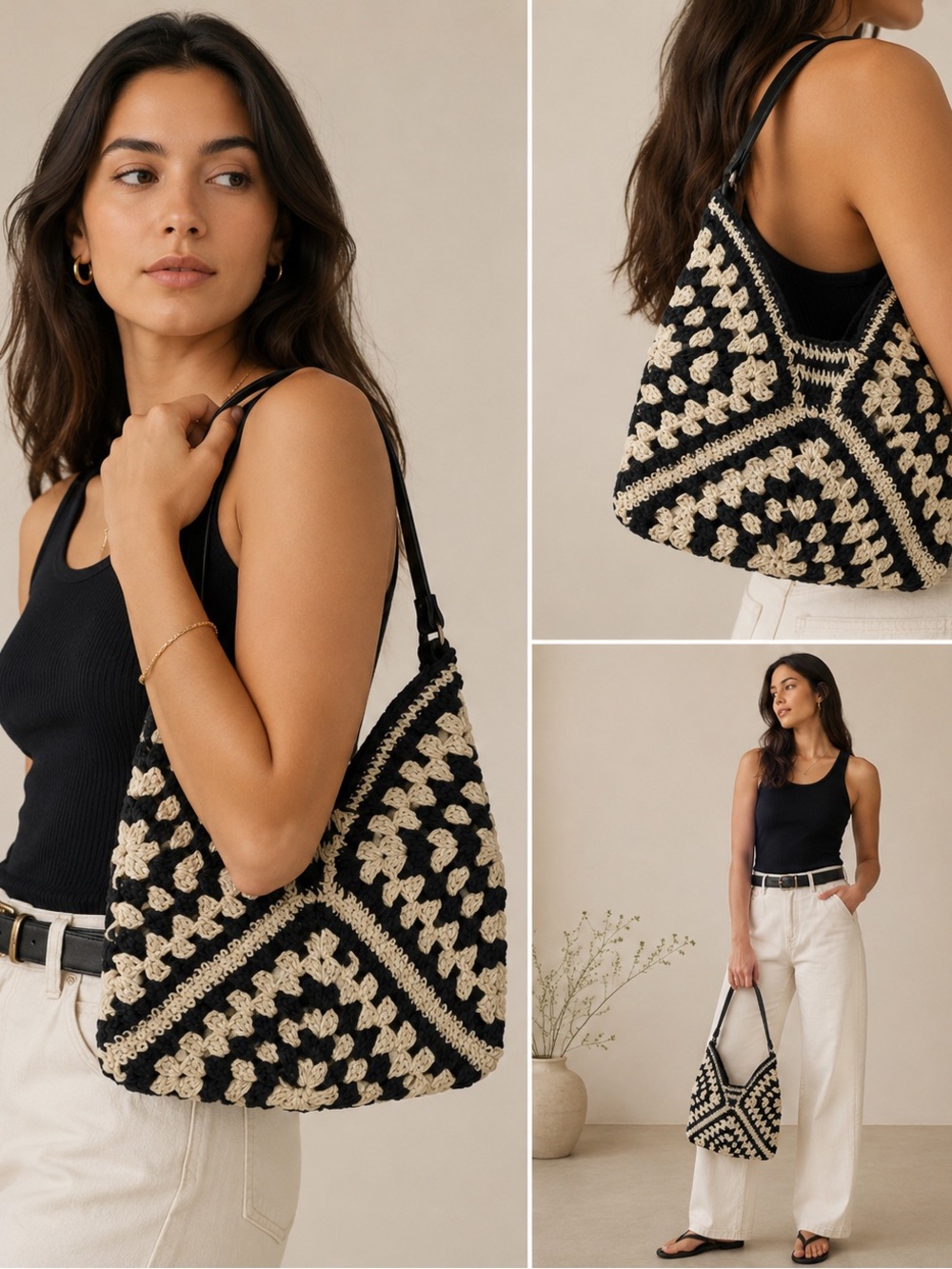 Black and Cream Crochet Women's Bag